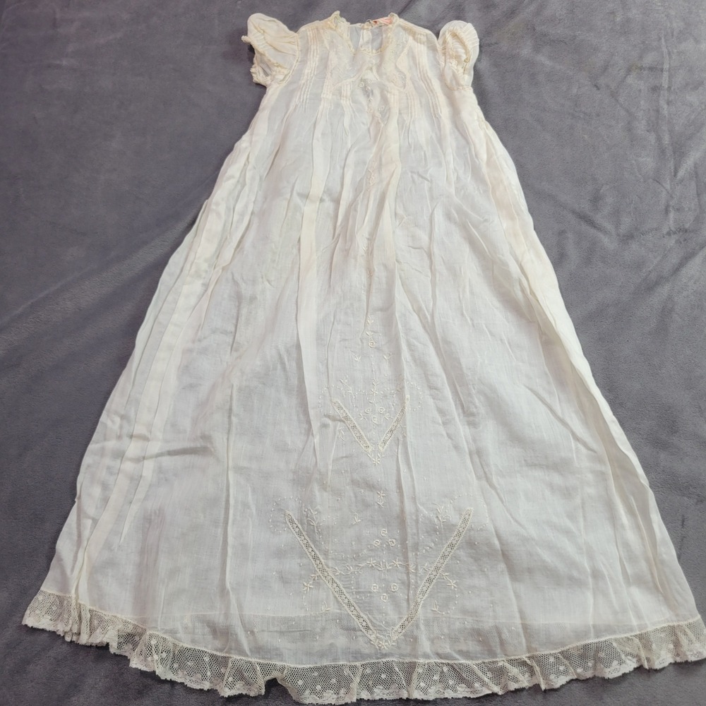 Vintage‎ Yolande Handmade Christening Gown Ivory Lace Embroidered Cotton Dress